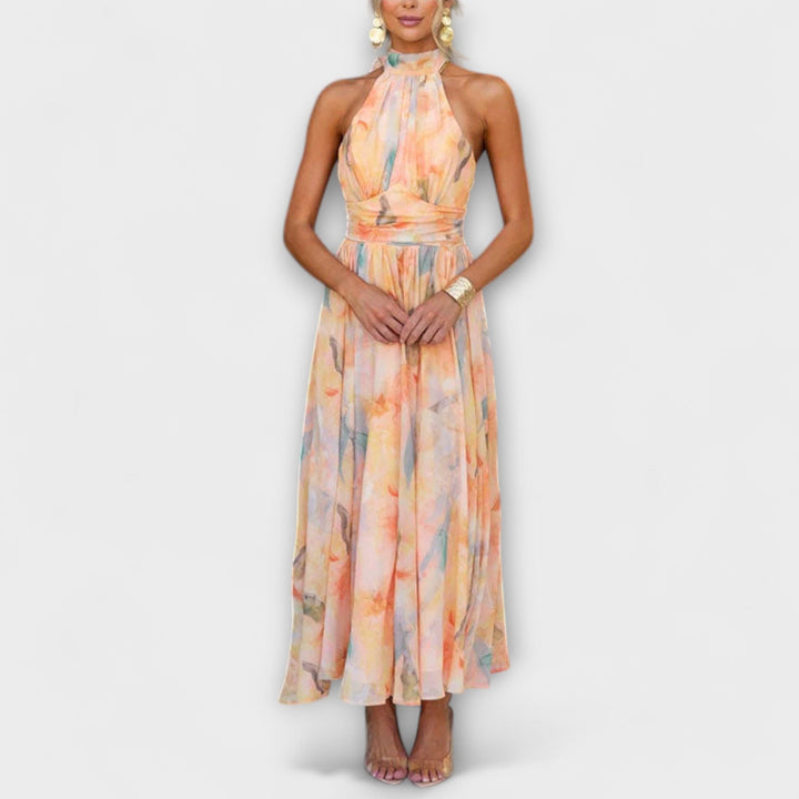 Halter-Neck Open Back Watercolor Maxi Dress