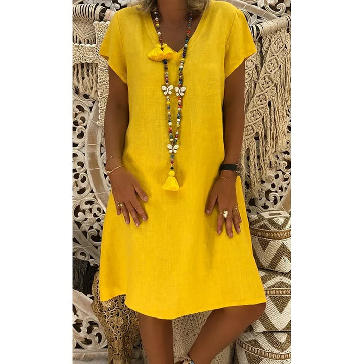 Cotton-Polyester Blend Dresses Casual V Neck Midi Dress