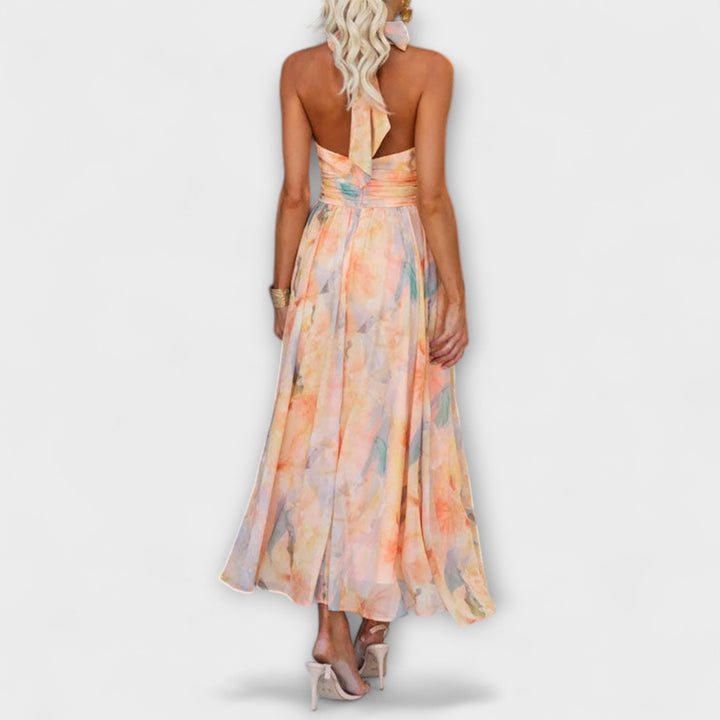 Halter-Neck Open Back Watercolor Maxi Dress