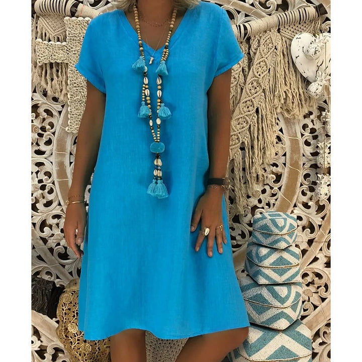 Cotton-Polyester Blend Dresses Casual V Neck Midi Dress