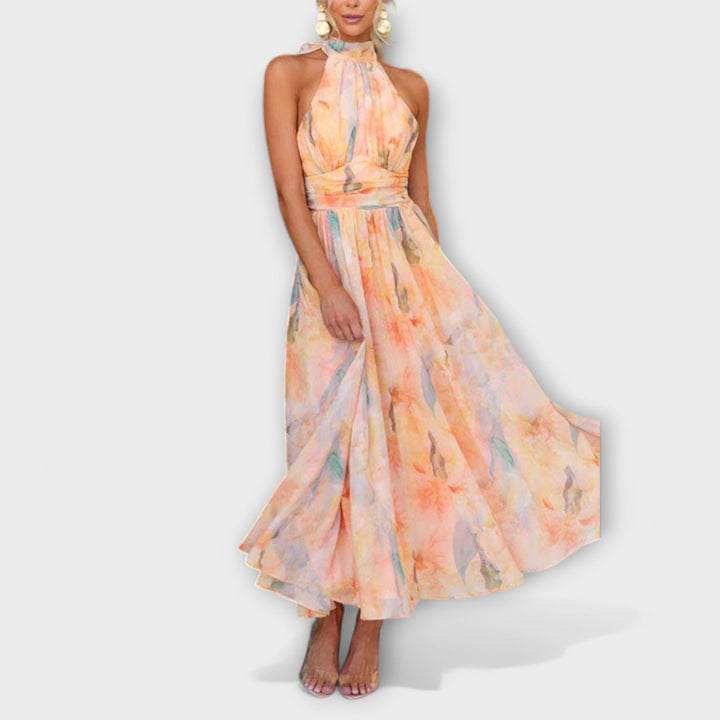 Halter-Neck Open Back Watercolor Maxi Dress