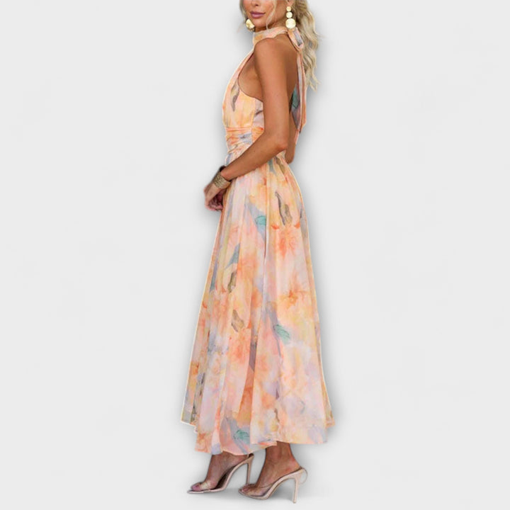 Halter-Neck Open Back Watercolor Maxi Dress