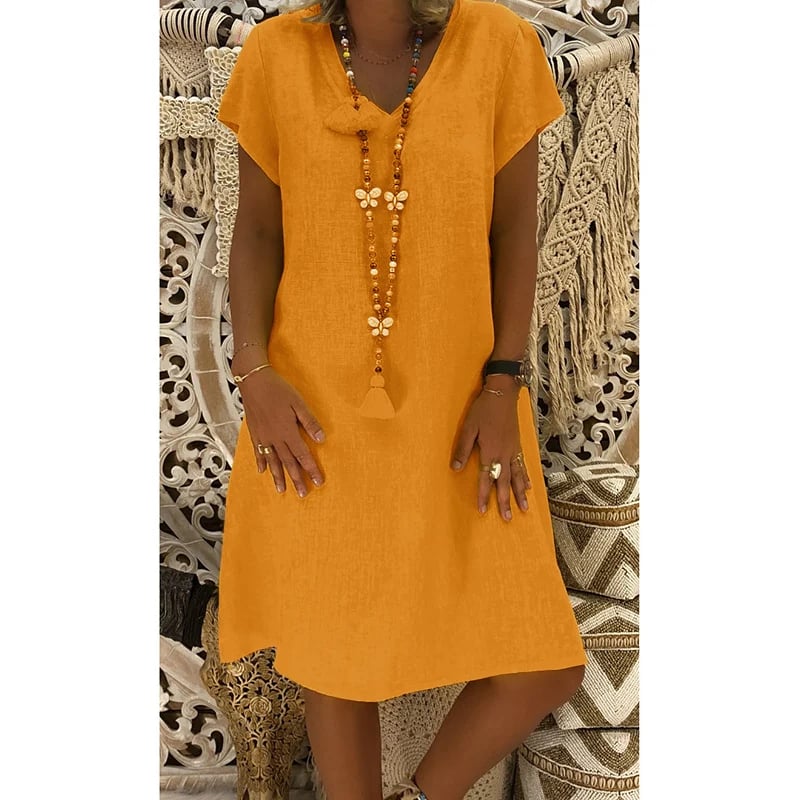 Cotton-Polyester Blend Dresses Casual V Neck Midi Dress
