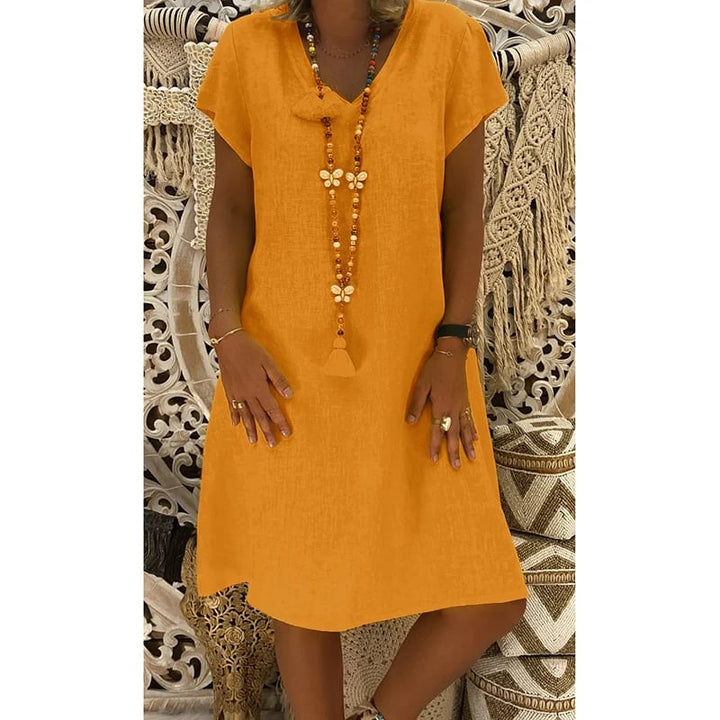 Cotton-Polyester Blend Dresses Casual V Neck Midi Dress