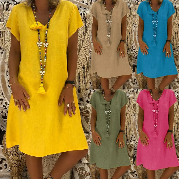 Cotton-Polyester Blend Dresses Casual V Neck Midi Dress